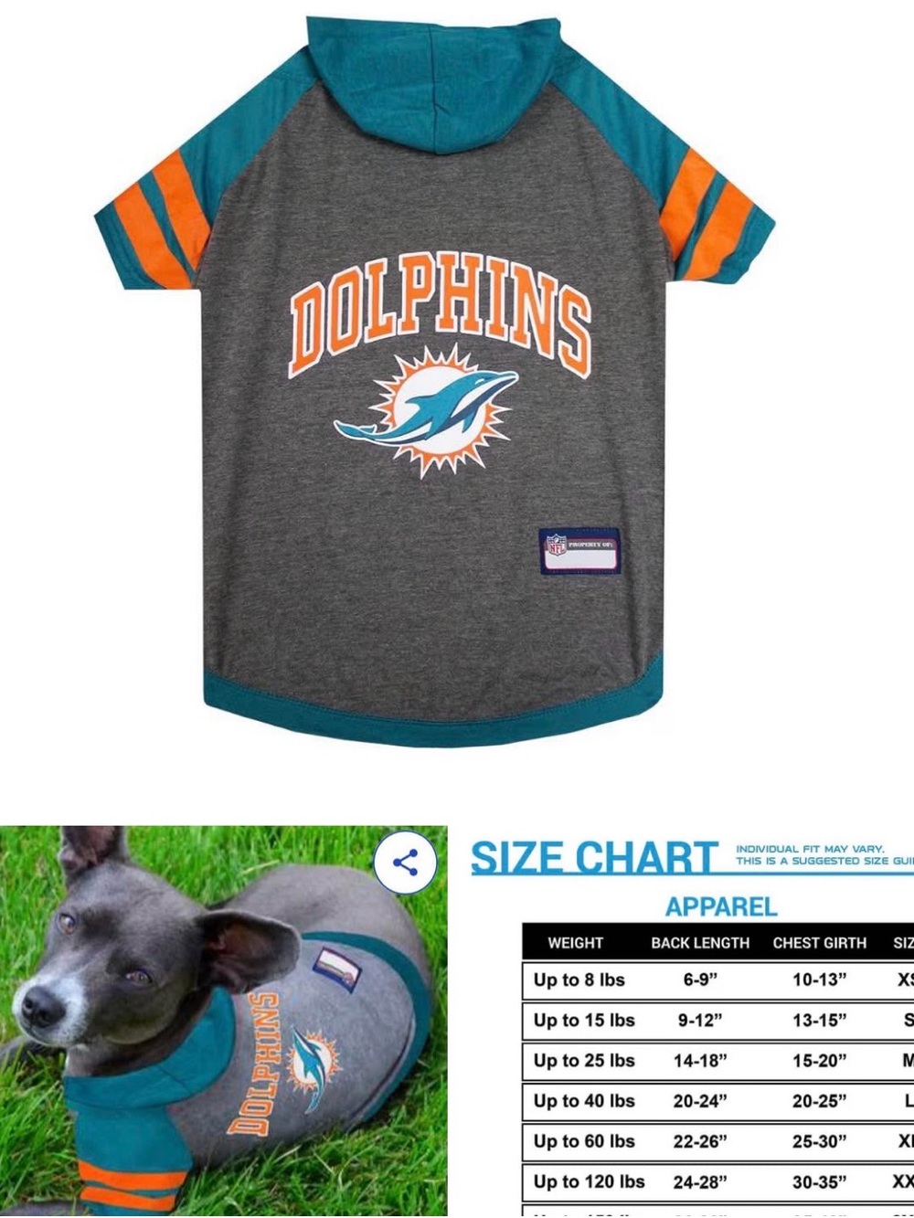Miami Dolphins Gray & Teal Dog Hoodie - Official Team Pet Tee